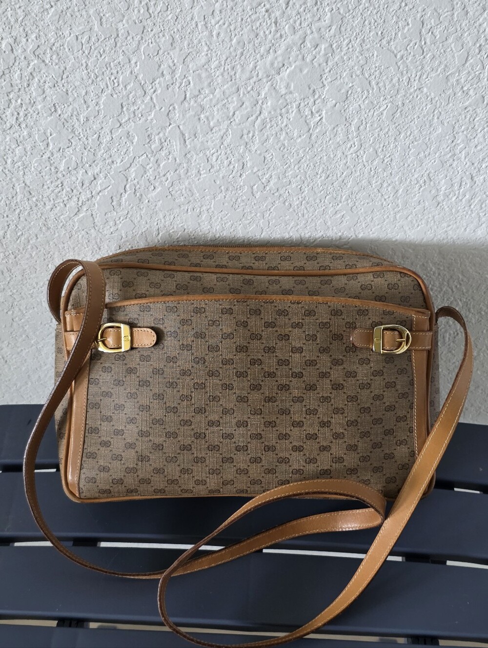 Vintage Gucci GG Monogram Canvas Leather Crossbody Shoulder Bag Tan Italy 7x10
